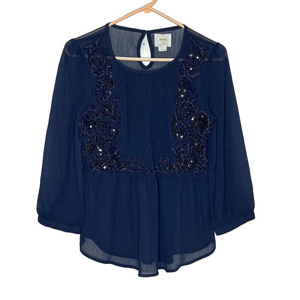 Maeve Anthropologie Helene Sheer Peplum Blouse Sequin Detail‎ Navy Size 6